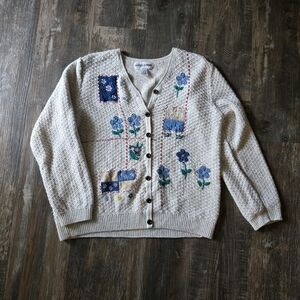 Alfred Dunner Floral Embroidered Cardigan - Cream and Blue